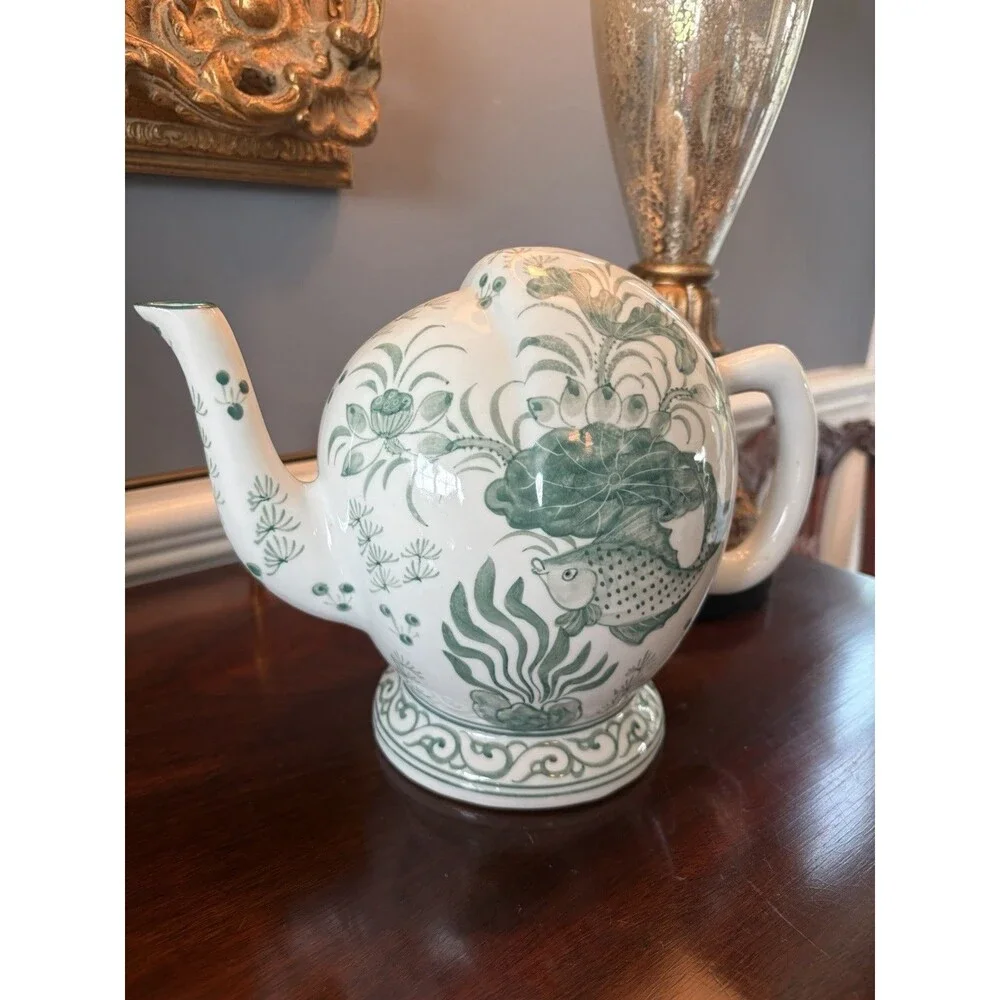 Vintage Wine Ewer Cadogan Puzzle Teapot Green and White Fish Chinoiserie Decor